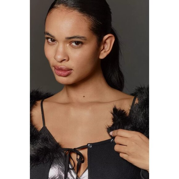 Maeve Faux-Fur Collar Y2k Style Cropped Cardigan L - Picture 4 of 4